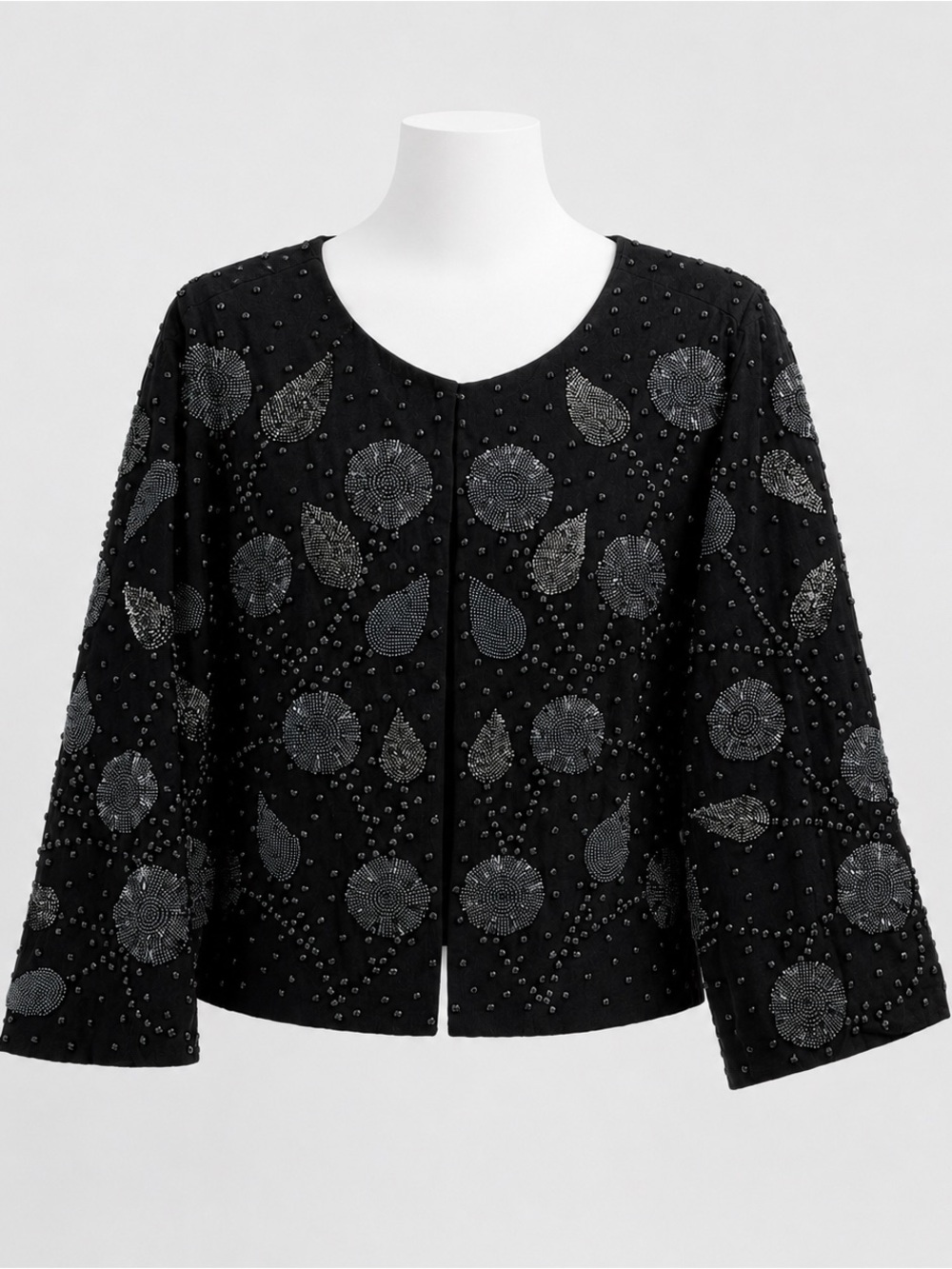 La Bellum Hillary Scott Black Beaded Jacket Evening Floral Leaf Crop 1X